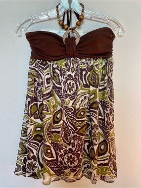 Strapless Brown & Olive Patterned Summer Dress Medium